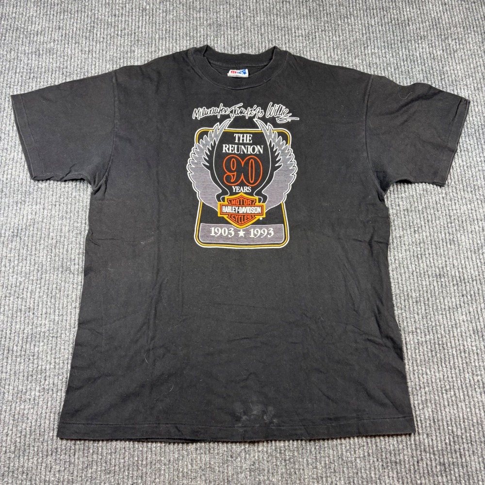 Vintage 1993 Harley-Davidson 90th Anniversary T-Shirt Hanes Beefy-T Black Large
